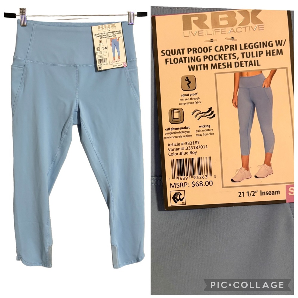 New RBX Light Blue Capri Leggings with Mesh Detail, Floating Pockets Women’s S